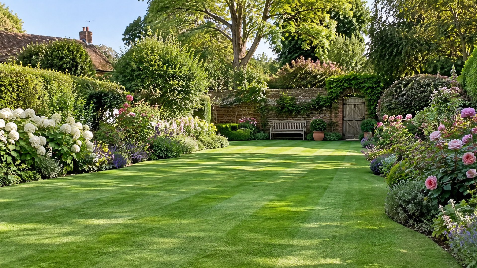 Striped lawn with colourful planted borders