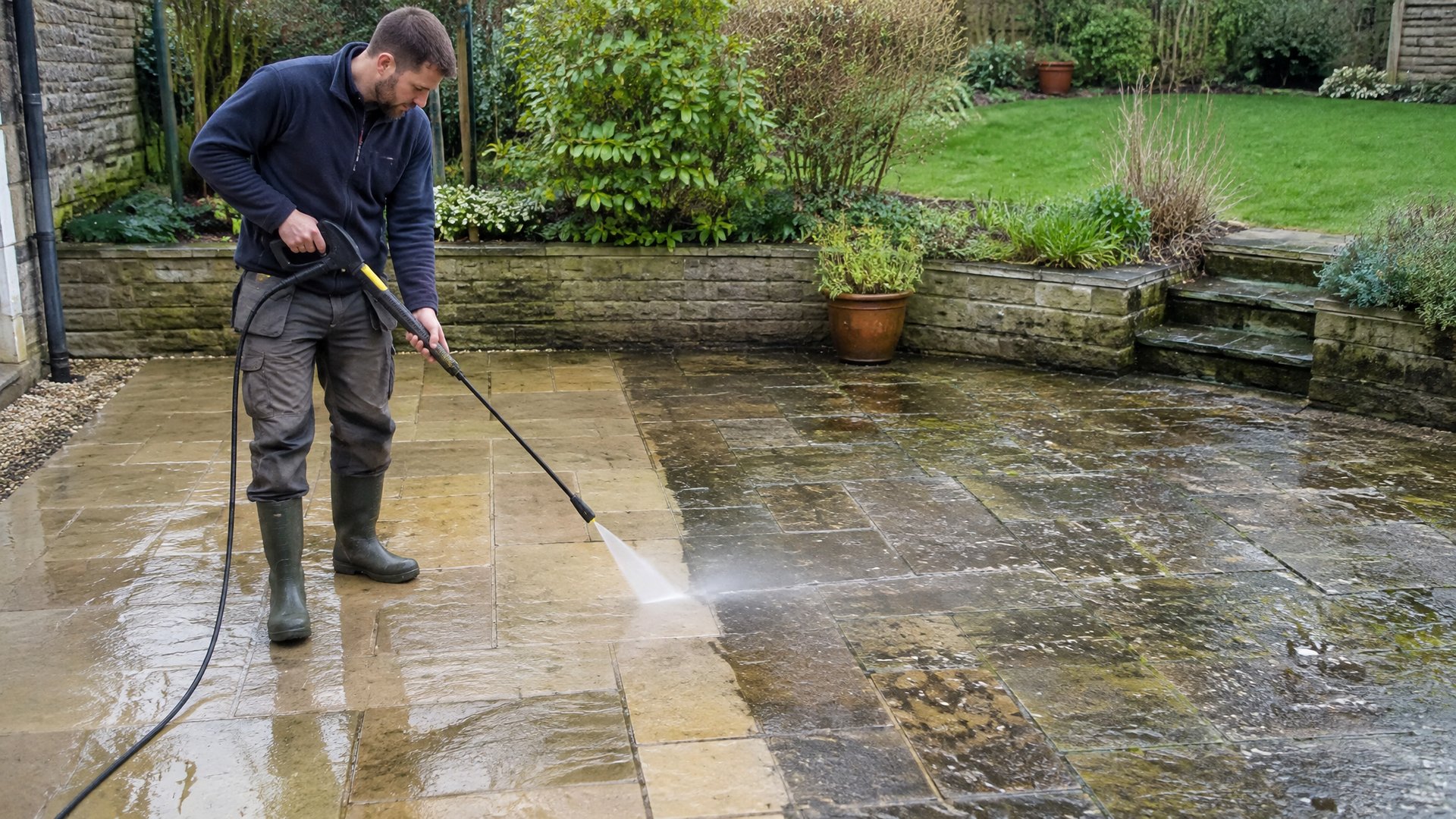Professional pressure washing service on patio